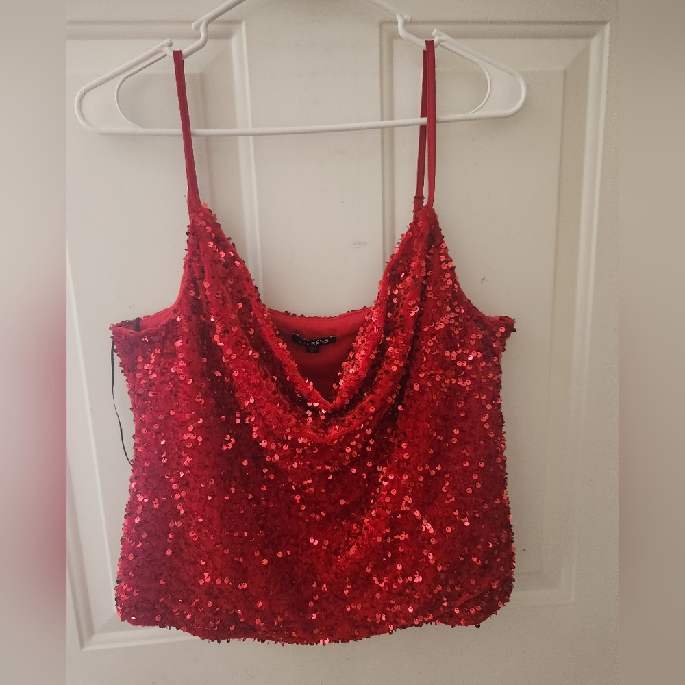 Express Red Sequin Women's Tank Top Size XL Festive Holiday Nwt